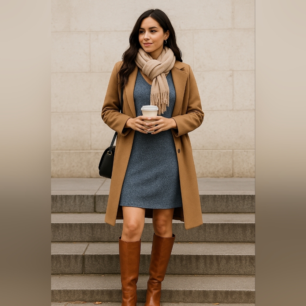 Heather Blue Knit Dress | Cozy Fall Layering | Soft Stretch V-Neck New Sz Small